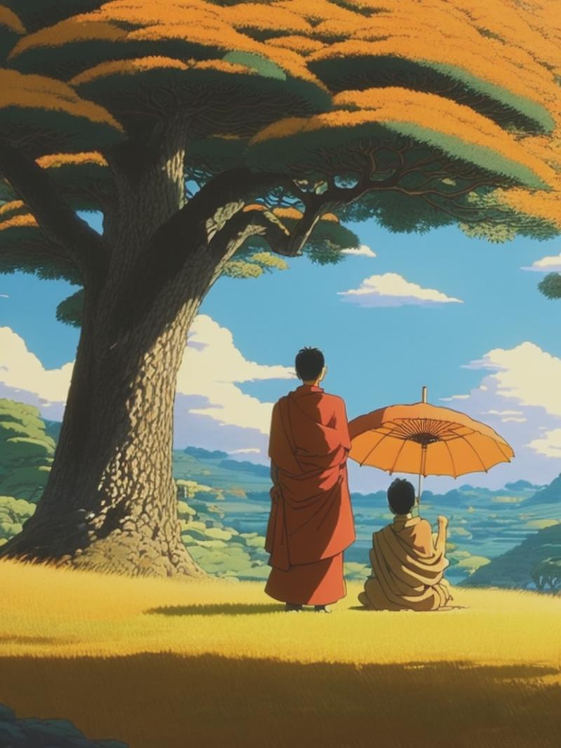 08332-2827311555-DVD screengrab from studio ghibli movie, two monks with umbrellas one wearing orange the other brown robers watching Buddha sitt.png